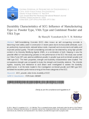 Durability Characteristics of SCC: Influence of manufacturing Type i.e. Powder Type, VMA Type and Combined Powder and VMA Type