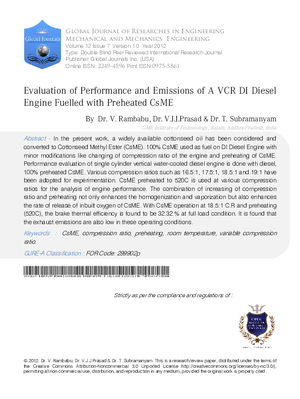 Evaluation of Performance and Emissions of a VCR DI Diesel Engine Fuelled with Preheated CsME