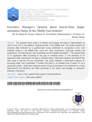 Executive Manageras Opinion about Just-In-Time Implementation Status in the Middle East Industry