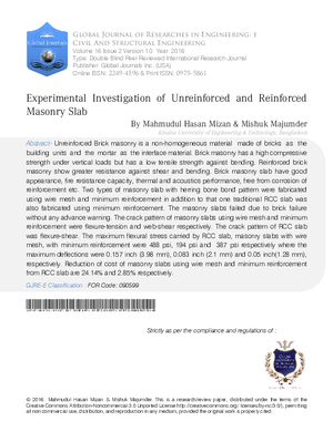 Experimental Investigation of Unreinforced and Reinforced Masonry Slab