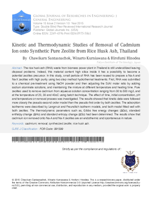 Kinetic and Thermodynamic Studies of Removal of Cadmium Ion Onto Synthetic Pure Zeolite from Rice Husk Ash, Thailand