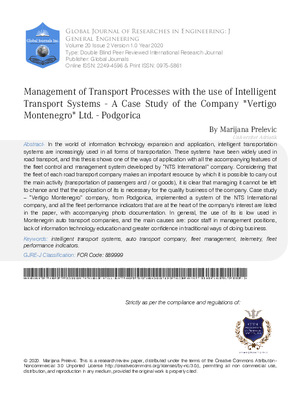 Management of Transport Processes with the use of Intelligent Transport Systems - A Case Study of the Company Vertigo Montenegro Ltd. - Podgorica