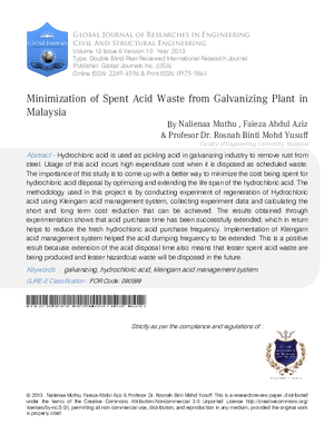 Minimization of Spent Acid Waste from Galvanizing Plant in Malaysia