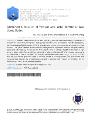 Numerical Simulation of Vertical Axis Wind Turbine at Low Speed Ratios