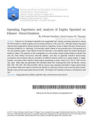 Operating Experience and Analysis of Engine Operated on Ethanol - Diesel Emulsion
