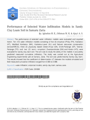 Performance of Selected Water Infiltration Models in Sandy Clay Loam Soil in Samaru Zaria