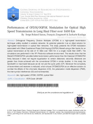 Performances of OFDM/OQPSK Modulation for Optical High Speed Transmission in Long Haul Fiber Over 1600 Km