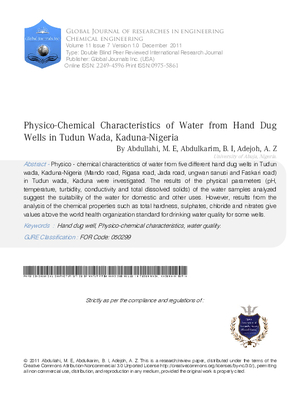 Physico-Chemical Characteristics of Water From Hand Dug Wells In Tudun Wada, Kaduna-Nigeria