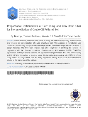Proportional Optimization of Cow Dung and Cow Bone Char for Bioremediation of Crude Oil Polluted Soil
