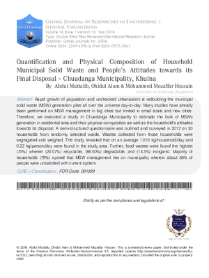 Quantification and Physical Composition of Household Municipal Solid Waste and Peopleas Attitudes towards its Final Disposal a Chuadanga Municipality, Khulna