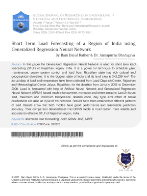 Short Term Load Forecasting of a Region of India using Generalized Regression Neural Network