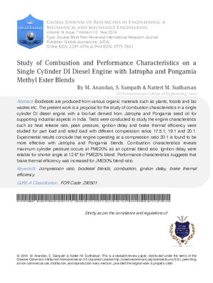 Study of Combustion and Performance Characteristics on a Single Cylinder DI Diesel Engine with Jatropha and Pongamia Methyl Ester Blends