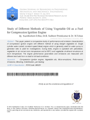 Study of Different Methods of Using Vegetable Oil as a Fuel for Compression Ignition Engine