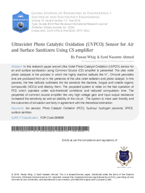 Ultraviolet Photo Catalytic Oxidation (UVPCO) Sensor for  Air and Surface Sanitizers using CS Amplifier