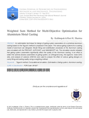 Weighted Sum Method for Multi-objective Optimisation for Aluminium Metal Casting