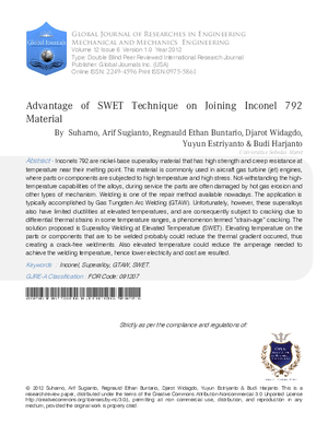 Advantage of SWET Technique on Joining Inconel 792 Material