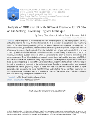 Analysis of MRR and SR with different electrode for SS 316 on Die-Sinking EDM using Taguchi Technique