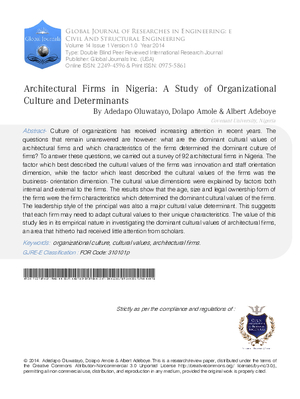Architectural Firms in Nigeria: A Study of Organizational Culture and Determinants