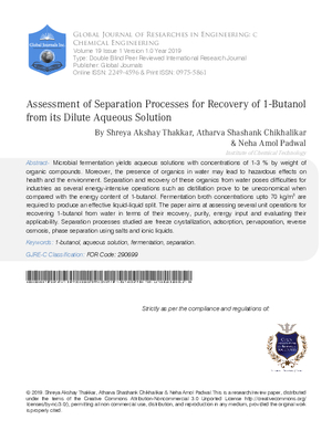 Assessment of Separation Processes for Recovery of 1-butanol from its Dilute Aqueous Solution