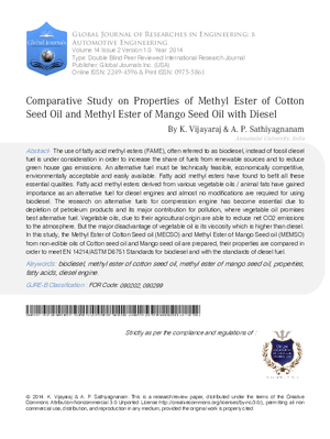Comparative Study on Properties of Methyl Ester of Cotton Seed Oil And Methyl Ester of Mango Seed Oil with Diesel