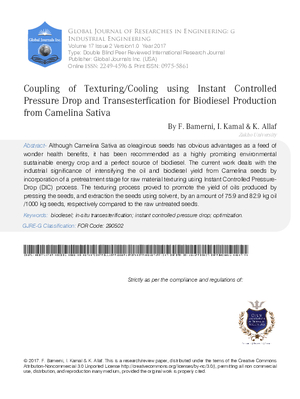Coupling of Texturing/Cooling Using Instant Controlled Pressure Drop and Transesterfication for Biodiesel Production from Camelina Sativa