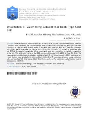 Desalination of Water Using Conventional Basin Type Solar Still