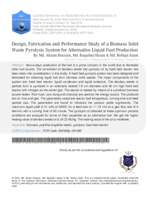 Design, Fabrication and Performance Study of a Biomass Solid Waste Pyrolysis System for Alternative Liquid Fuel Production