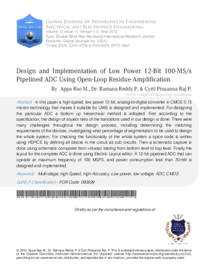 Design and Implementation of Low Power 12-Bit 100-MS/S Pipelined ADC Using Open-Loop Residue Amplification