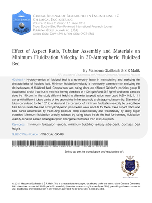 Effect of Aspect Ratio, Tubular Assembly and Materials on Minimum Fluidization Velocity in 3D-Atmospheric Fluidized Bed