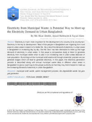 Electricity from Municipal Waste: A Potential Way to Meet up the Electricity Demand in Urban Bangladesh