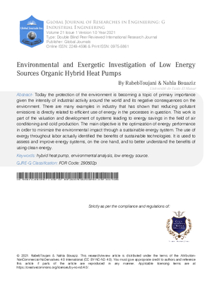 Environmental and Exergetic Investigation of Low Energy Sources Organic Hybrid Heat Pumps