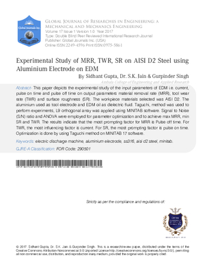 Experimental Study of MRR, TWR, SR on AISI D2 Steel using Aluminium Electrode on EDM