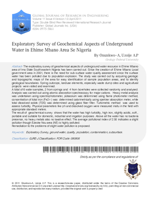 EXPLORATORY SURVEY OF GEOCHEMICAL ASPECTS OF UNDERGROUND WATER IN EHIME MBANO AREA SE NIGERIA