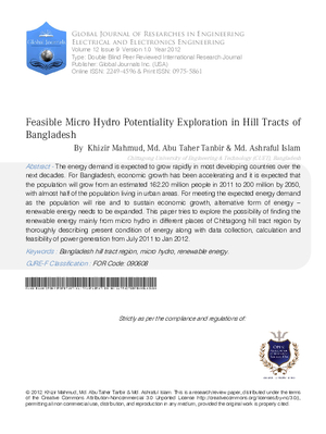 Feasible Micro Hydro Potentiality Exploration in Hill Tracts of Bangladesh