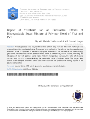 Impact of Ytterbium Ion on Substantial Effects of Biodegradable Equal Mixture of Polymer Blend of PVA and PVP