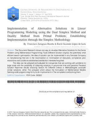 Implementation of Alternative Solutions in Linear programming Modeling using the Dual Simplex Method and Duality Method from Primal Problem, Establishing Implementation through the Simplex Methodology.