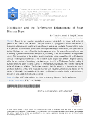 Modification and the Performance Enhancement of Solar Biomass Dryer