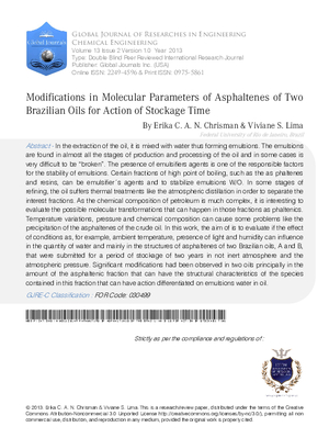 Modifications in Molecular Parameters of Asphaltenes of Two Brazilian Oils for Action of Stockage Time