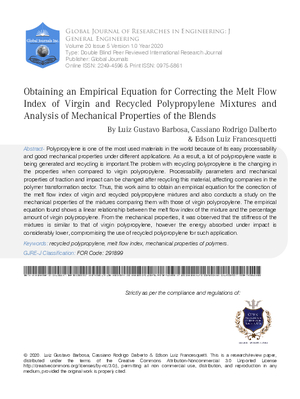 Obtaining an Empirical Equation for Correcting the Melt Flow Index of Virgin and Recycled Polypropylene Mixtures and Analysis of Mechanical Properties of the Blends