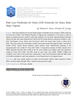Path Loss Prediction for Some GSM Networks for Akwa Ibom State, Nigeria