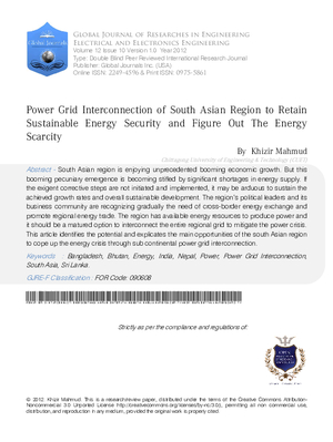 Power Grid Interconnection of South Asian Region to Retain Sustainable Energy Security and Figure Out the Energy Scarcity