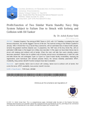 Profit-Function of Two Similar Warm Standby Navy Ship System Subject to Failure due to Struck with Iceberg and Collision with Oil Tanker.