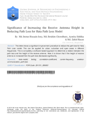 Significance of Increasing the Receive Antenna Height in Reducing Path Loss for Hata Path Loss Model