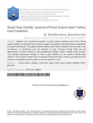 Steady State Stability Analysis of Power System under Various Fault Conditions