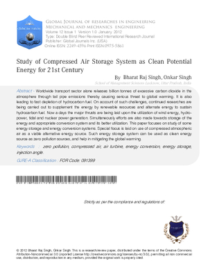 Study of Compressed Air Storage System as Clean Potential Energy for 21st Century