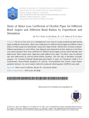 Study of Minor Loss Coefficient of Flexible Pipes for Different Bend Angles and Different Bend Radius by Experiment and Simulation
