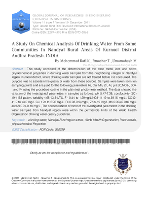 A Study on  Chemical Analysis of Drinking Water from some Communities in  Nandyal  Rural areas of Kurnool District ,Andhra Pradesh. INDIA