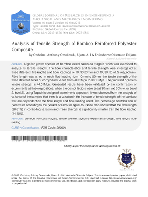 Analysis of Tensile Strength of Bamboo Reinforced Polyester Composite