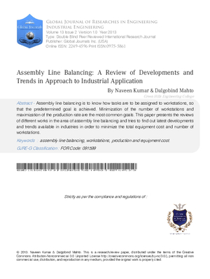 Assembly Line Balancing: A Review of Developments and Trends in Approach to Industrial Application