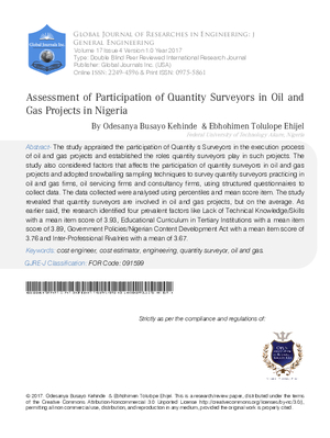 Assessment of Participation of Quantity Surveyors in Oil and Gas Projects in  Nigeria